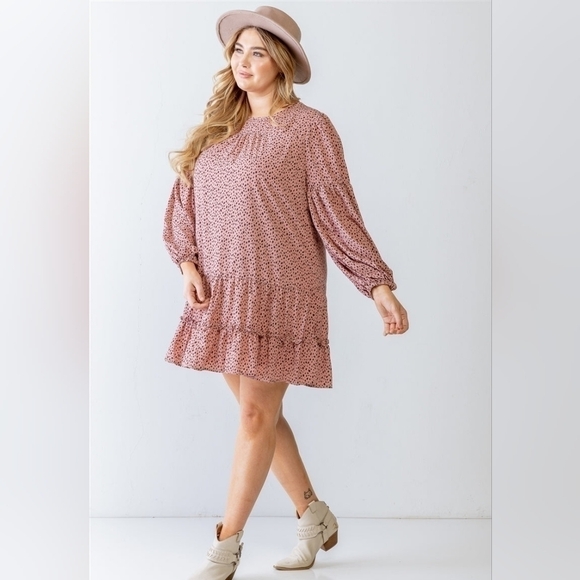 None Dresses & Skirts - Plus Size Blush Leopard Print Long Sleeve‎ Ruffle Hem Flare Dress – Animal Print